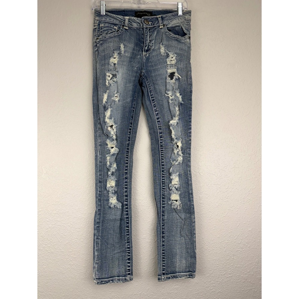 Twentyone‎ Black rue21 Distressed Skinny Jeans Blue Denim Shredded Size 3/4R